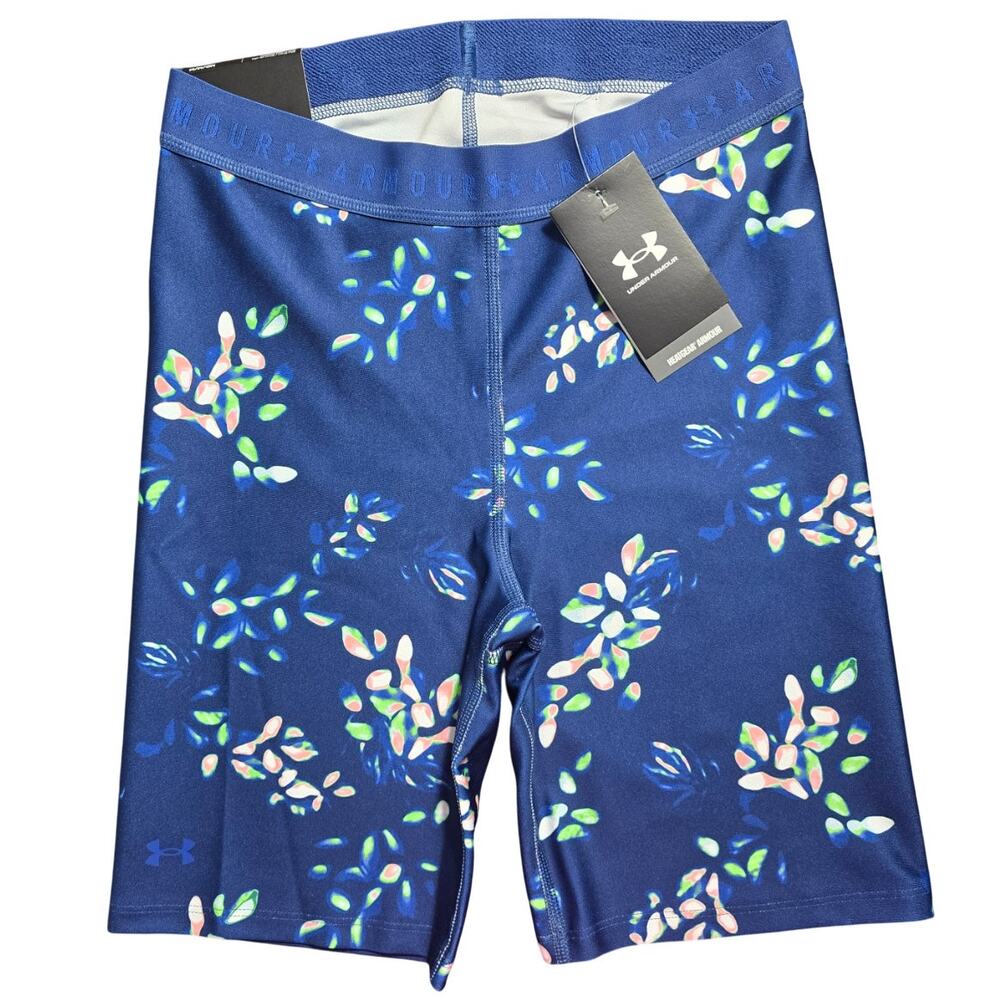 Under Armour Women’s 8” High Rise Bike Shorts Medium Blue Floral Compression Fit